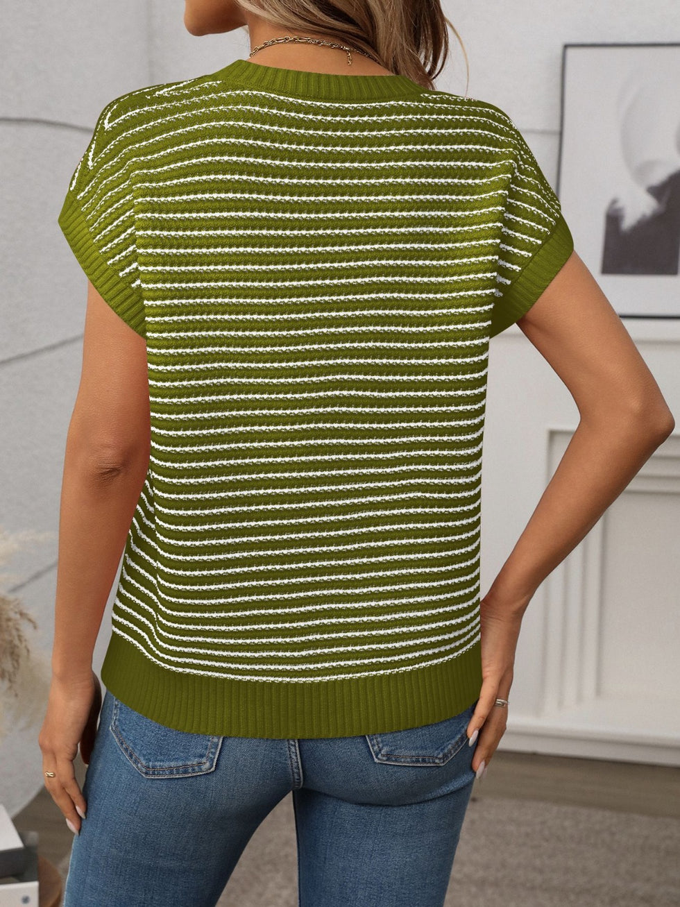 Striped Round Neck Short Sleeve Top and Shorts Set main image 0