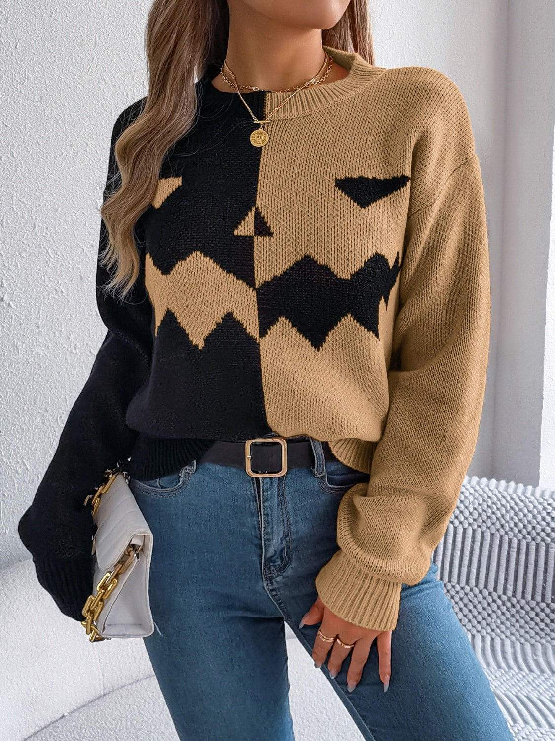 Contrast Round Neck Long Sleeve Sweater - Charming Charlie