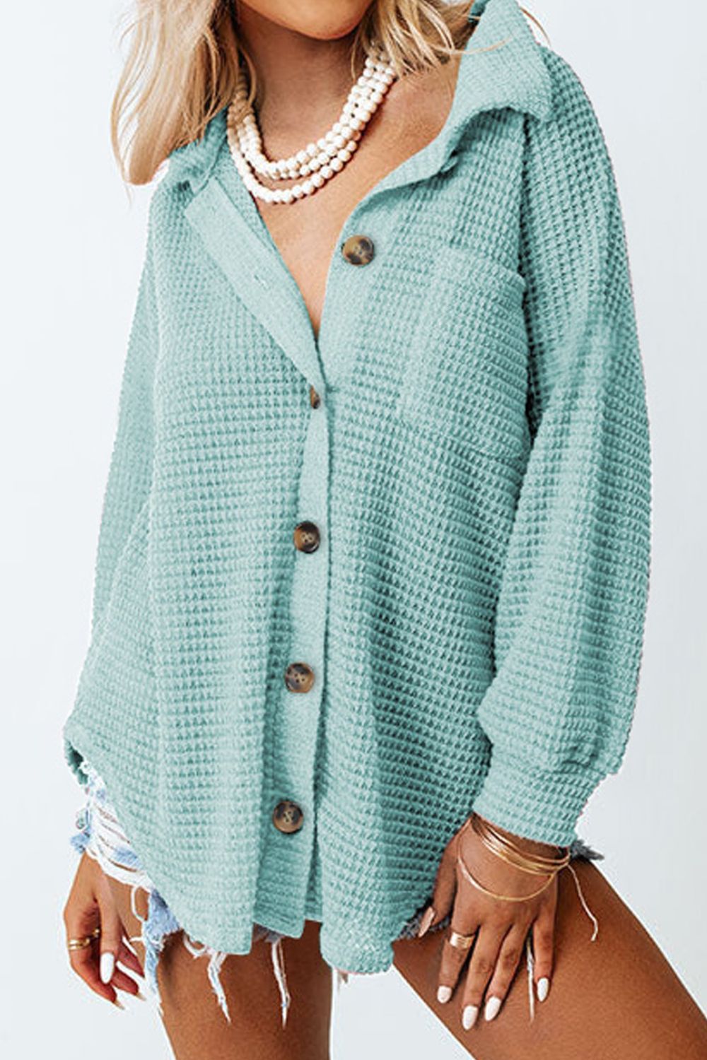 Waffle-Knit Collared Neck Long Sleeve Shirt - Charming Charlie