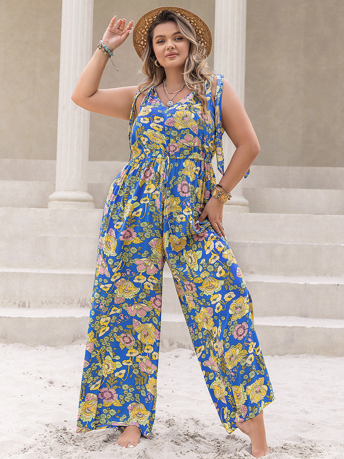 Plus Size Printed V-Neck Wide Leg Jumpsuit - Charming Charlie