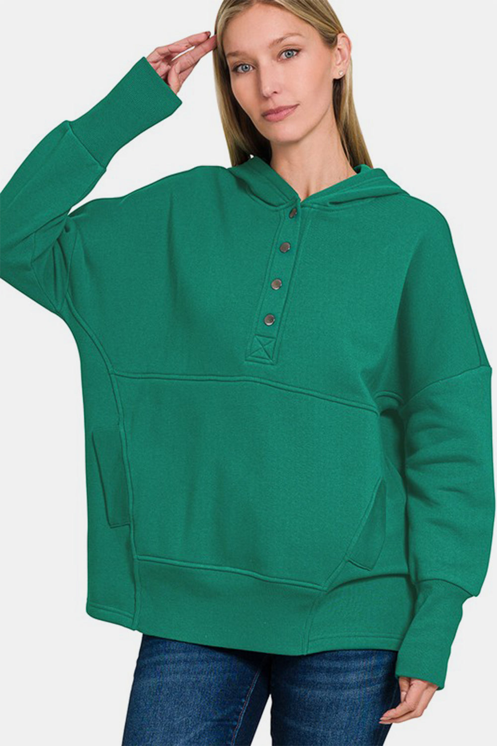 Zenana Half Snap Long Sleeve Hoodie with Kangaroo Pocket - Charming Charlie