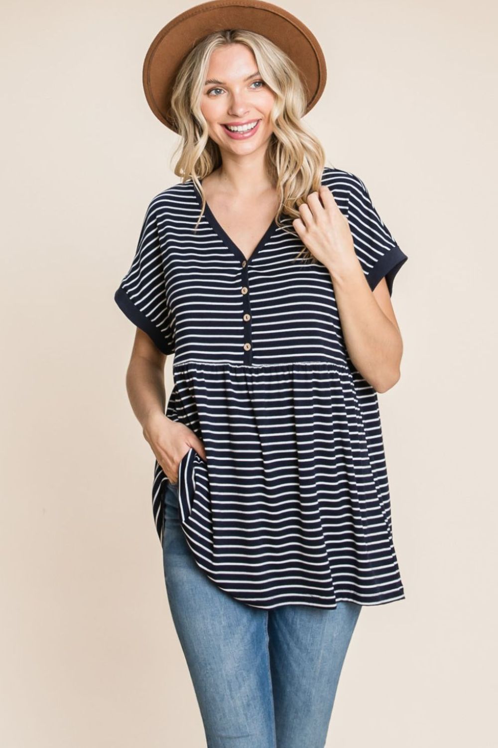 Cotton Bleu by Nu Label Striped Button Front Baby Doll Top - Charming Charlie