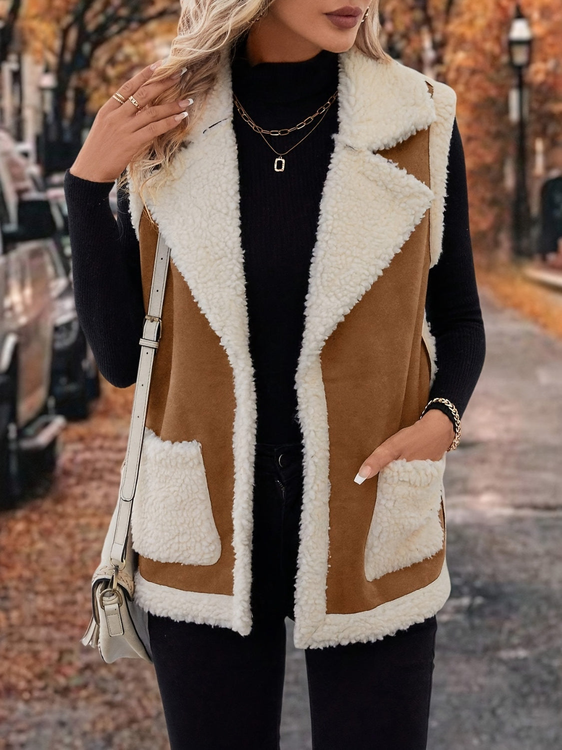 Full Size Contrast Open Front Sherpa Vest Coat - Charming Charlie