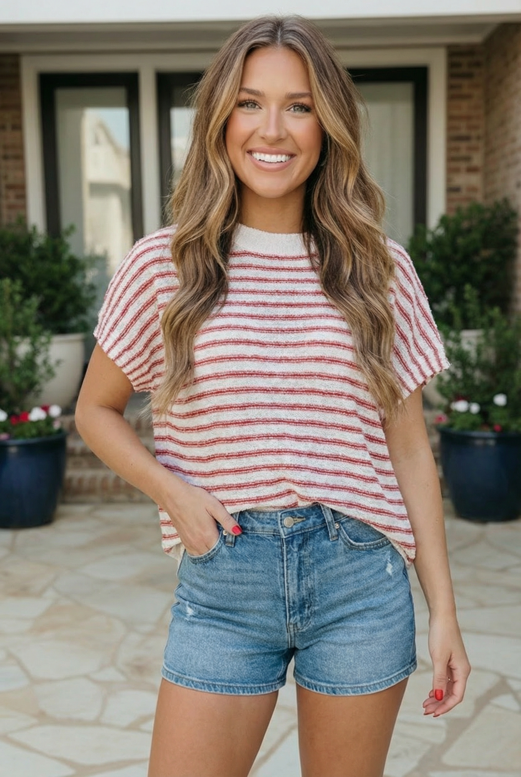 Breezy Stripe Knit Top in Ivory and Red - Charming Charlie