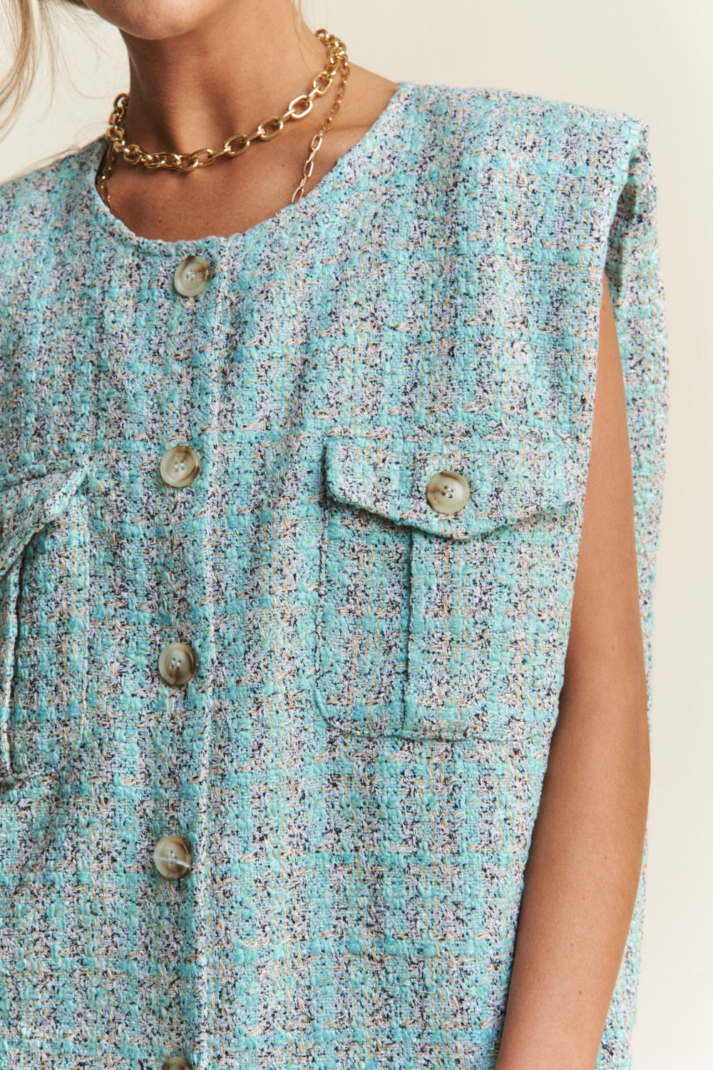 J.NNA Frayed Tweed Padded Shoulder Vest – Charming Charlie