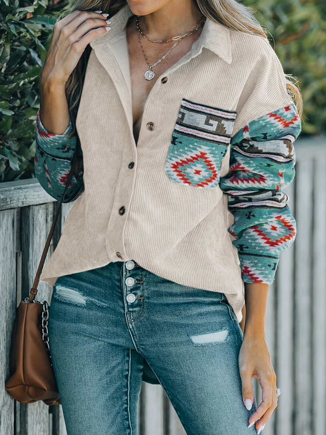 Perfee Pocketed Geometric Collared Neck Shacket - Charming Charlie
