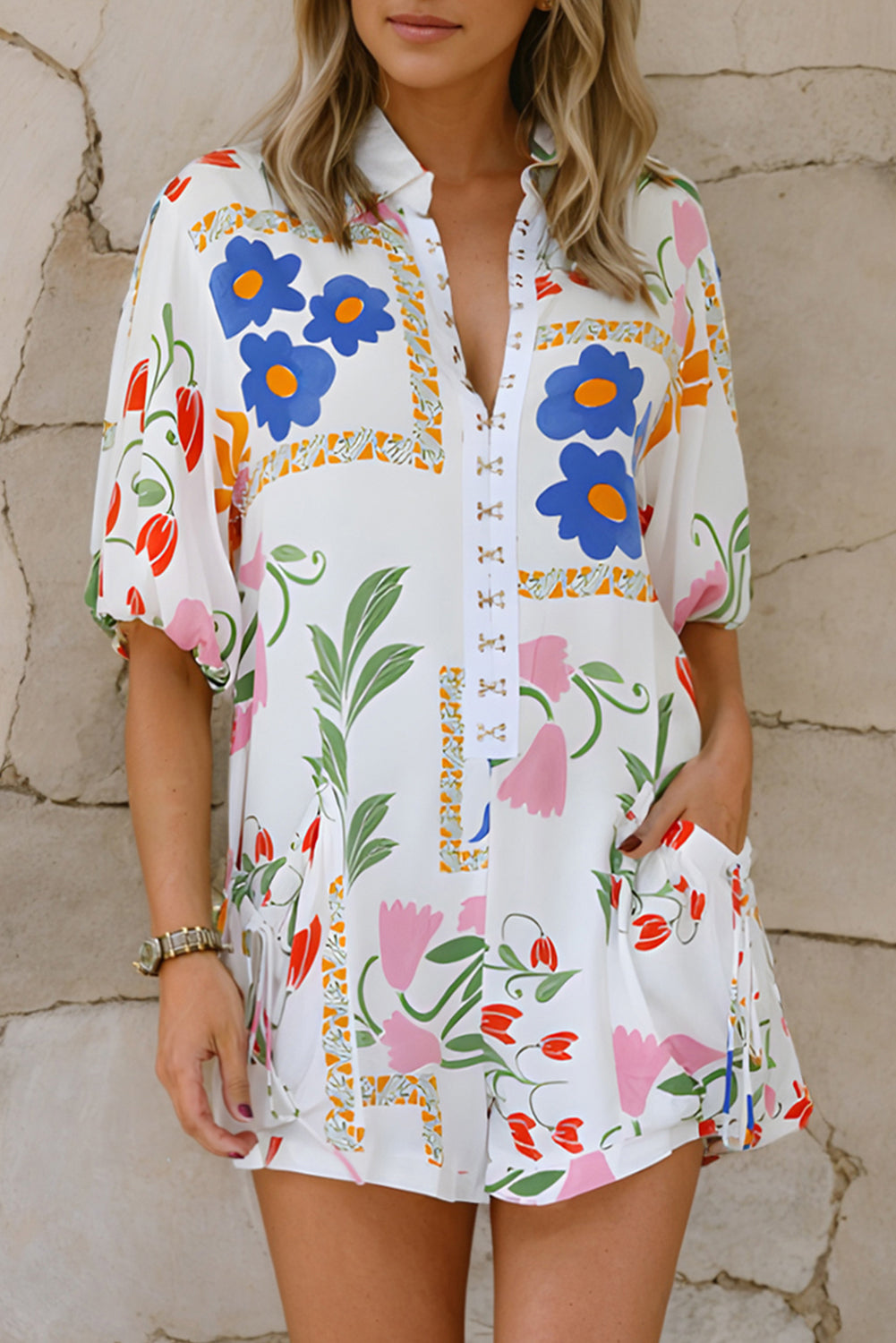 Pocketed Printed Half Sleeve Romper - Charming Charlie