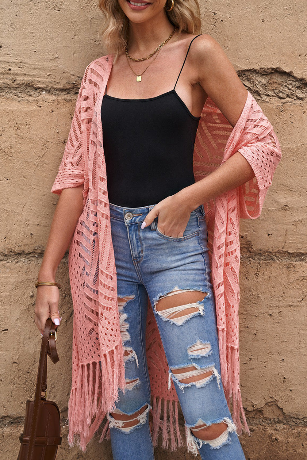 Openwork Open Front Cardigan with Fringes - Charming Charlie
