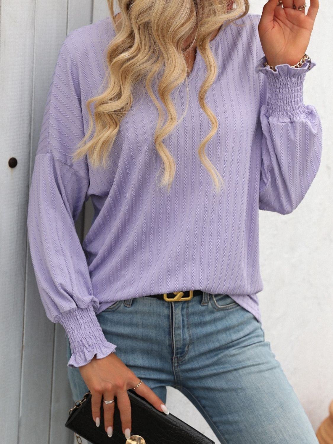 Textured Notched Lantern Sleeve T-Shirt - Charming Charlie