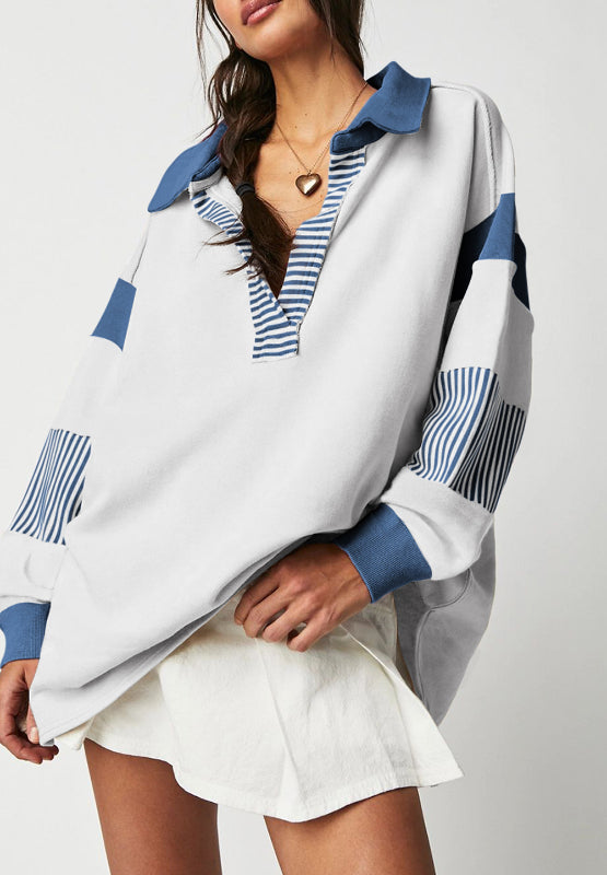 Color Block Johnny Collar Long Sleeve Sweatshirt - Charming Charlie