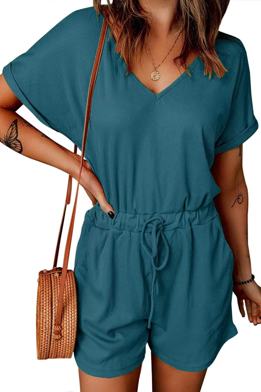 Full Size Drawstring V-Neck Short Sleeve Romper - Charming Charlie