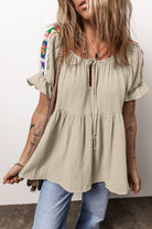 Embroidered Tie Neck Short Sleeve Blouse - Charming Charlie