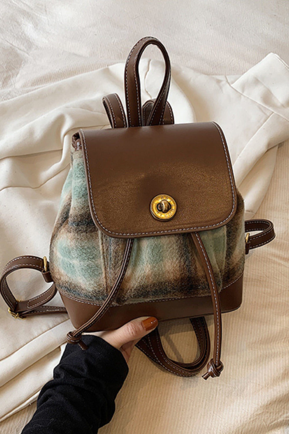 PU Leather Drawstring Plaid Backpack Bag Charming Charlie