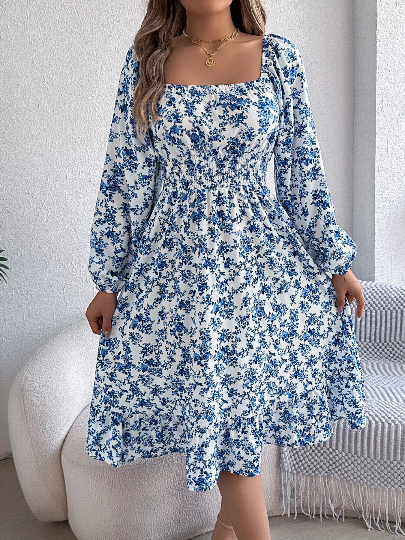 Floral Print Long Sleeve Square Neck Midi Dress Blue / L
