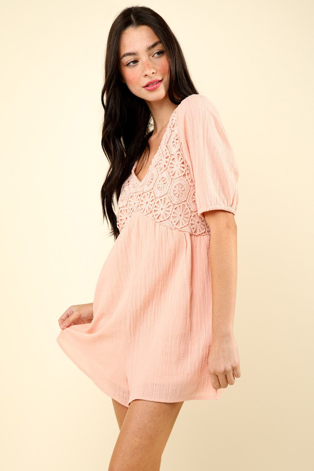 VERY J Lace Detail Puff Sleeve Romper with Pockets - Charming Charlie