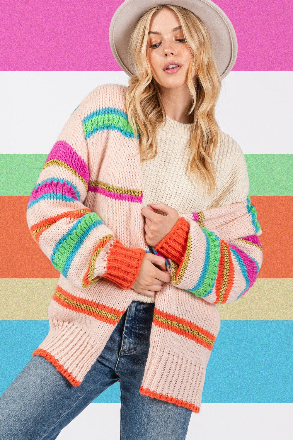 SAGE + FIG Rainbow Striped Open Front Knit Cardigan – Charming Charlie