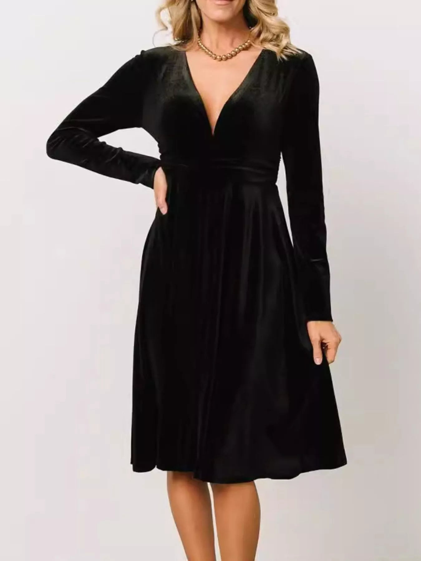 long sleeve deep v velvet dress Velvet Deep V-Neck Long Sleeve Dress – Charming Charlie