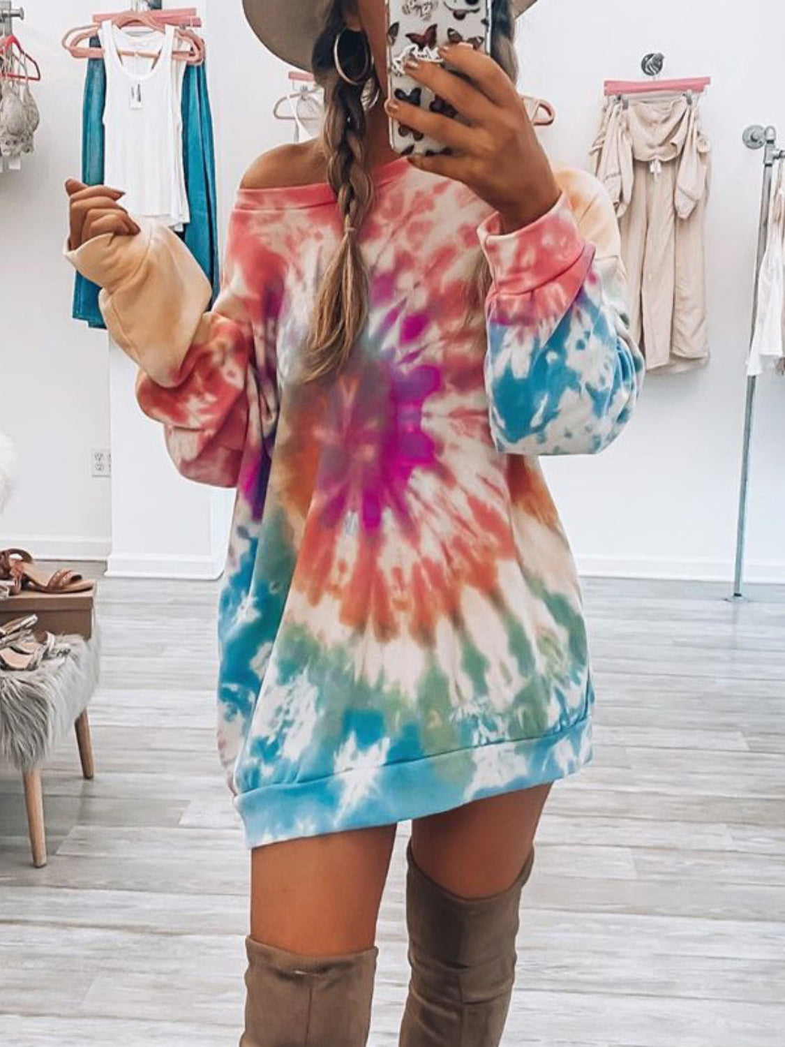 Full Size Tie-Dye Round Neck Long Sleeve Dress - Charming Charlie
