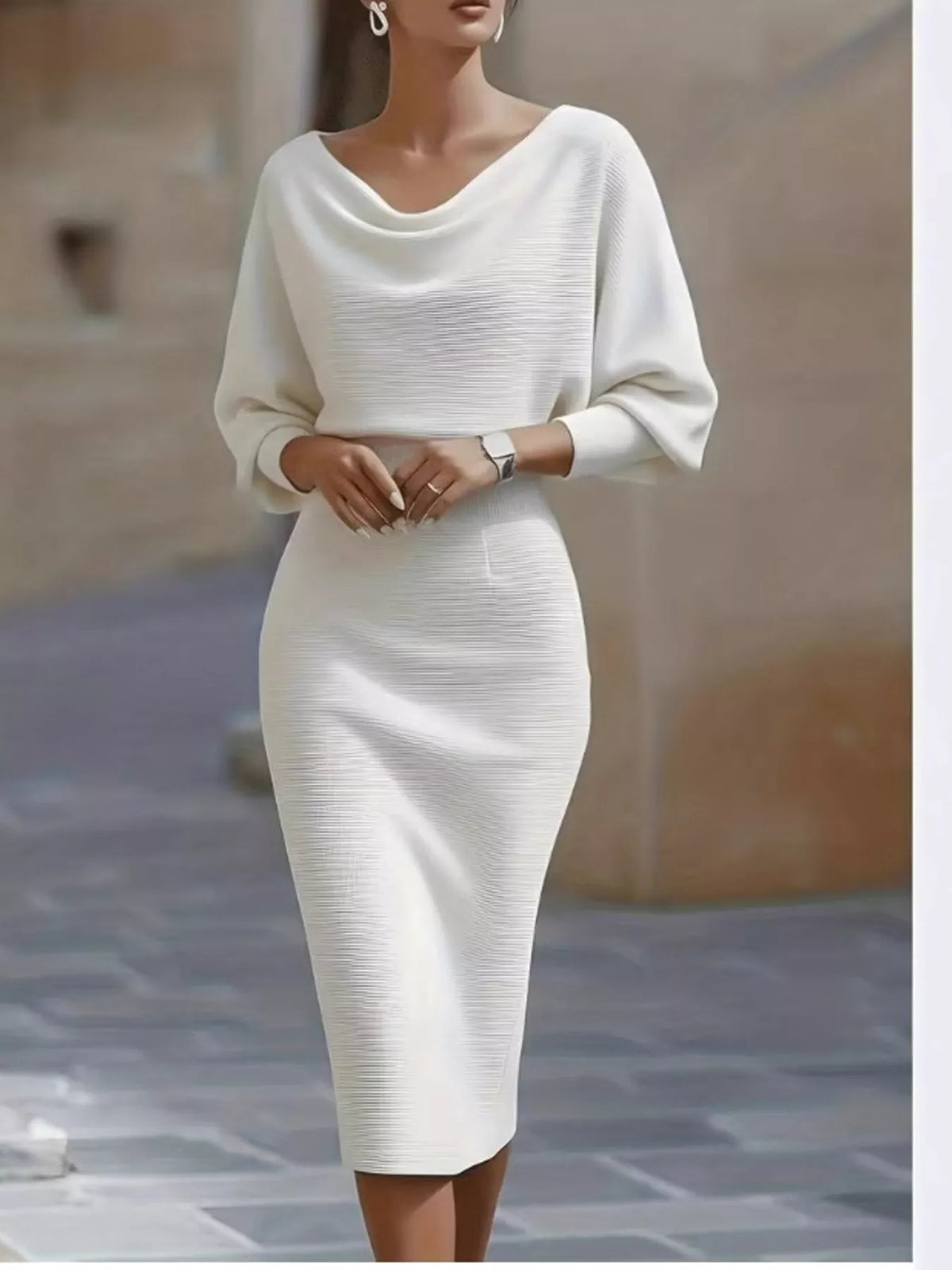 white knit bodycon dress Cowl Neck Ramadan' 26