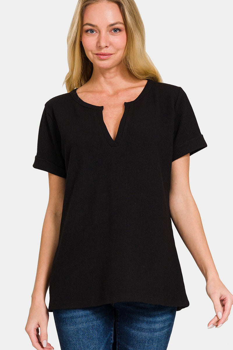 Zenana Notched Short Sleeve Waffle T-Shirt - Charming Charlie