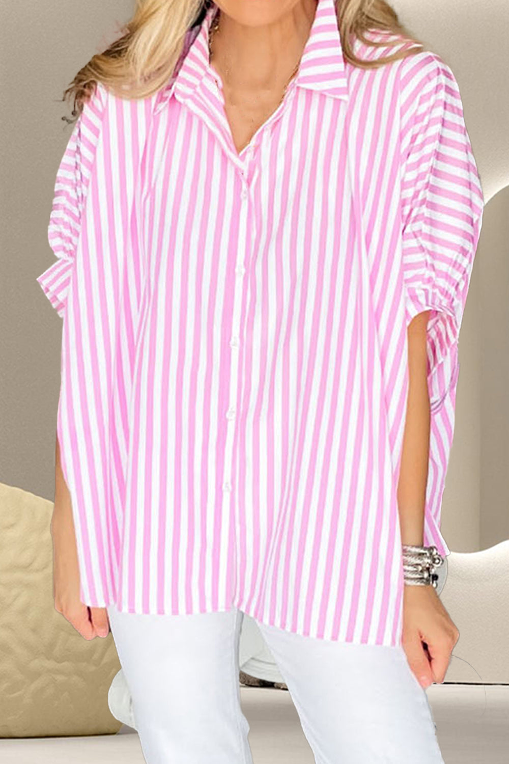 Striped Collared Neck Half Sleeve Shirt - Charming Charlie
