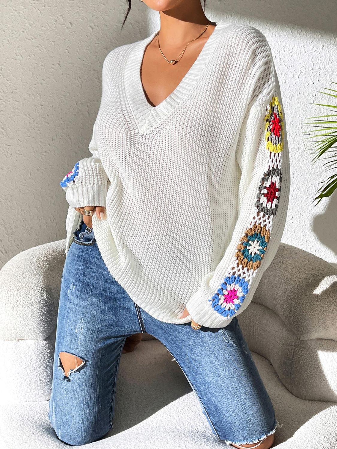 Crochet Flower V-Neck Sweater – Charming Charlie