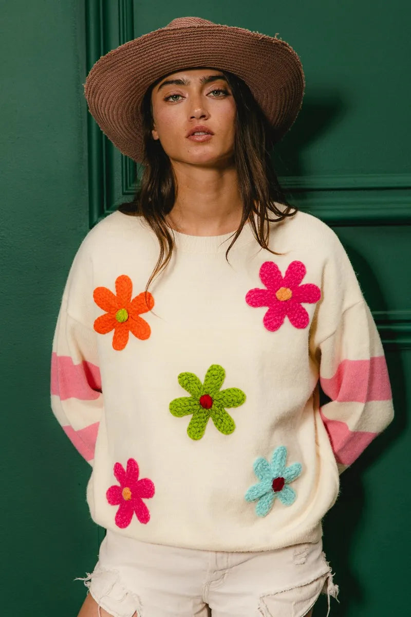 トップス bibiy BY. FLOWER SWEATSHIRT BiBi Colorful Floral Patched Sweater with Striped Sleeve
