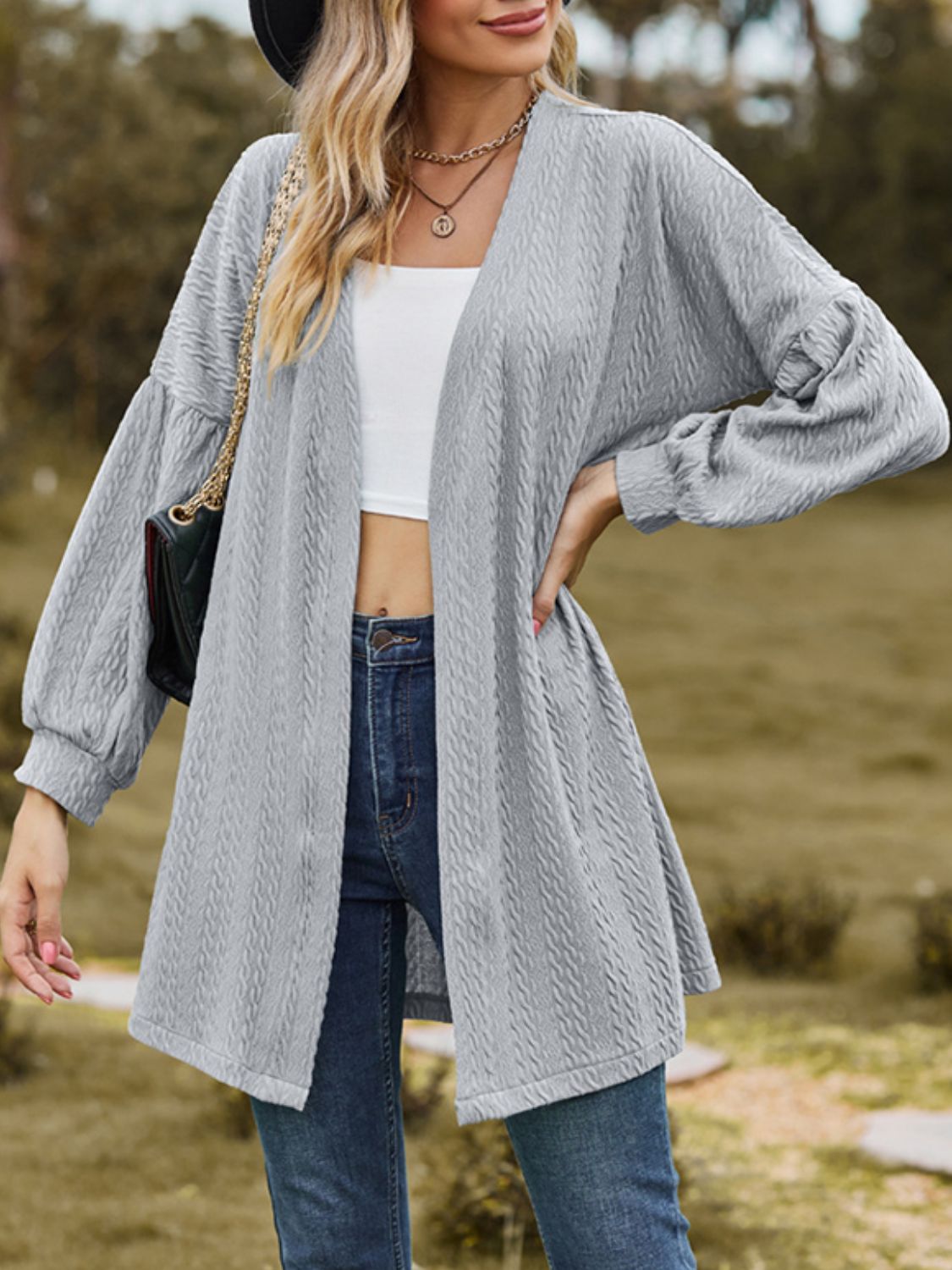 Textured Open Front Dropped Shoulder Cardigan – Charming Charlie