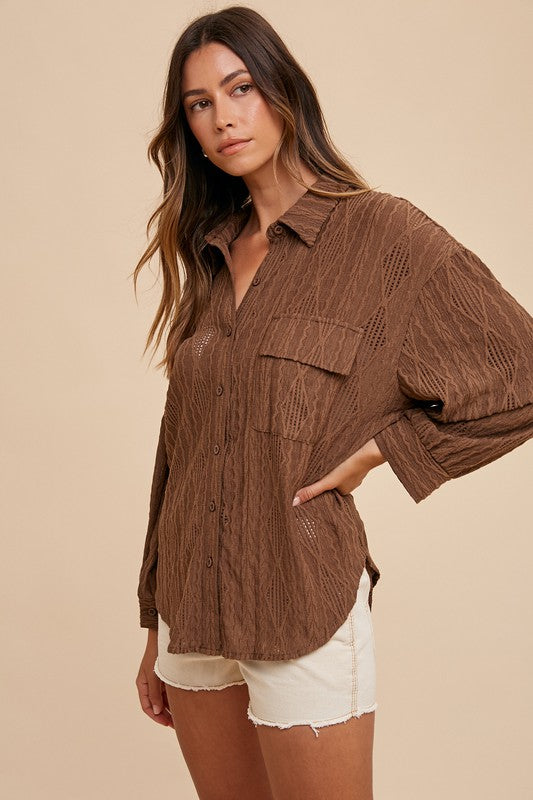 Annie Wear Openwork Button Down Drop Shoulder Shirt - Charming Charlie