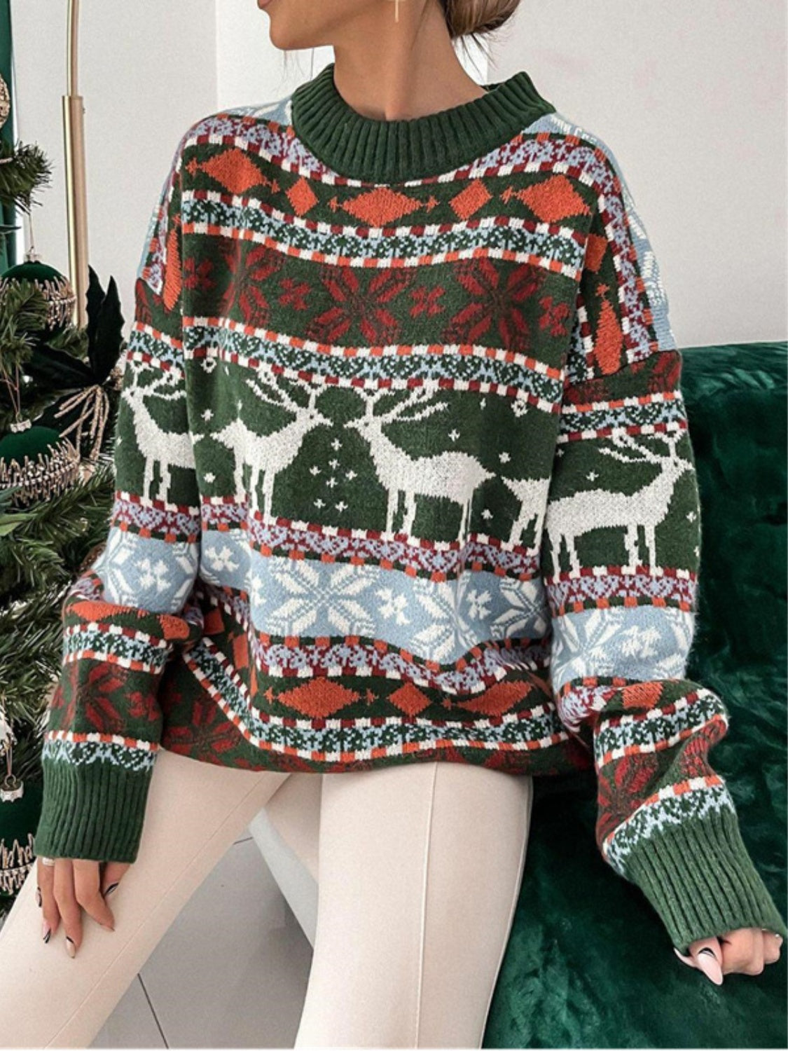 Geometric Round Neck Dropped Shoulder Sweater - Charming Charlie