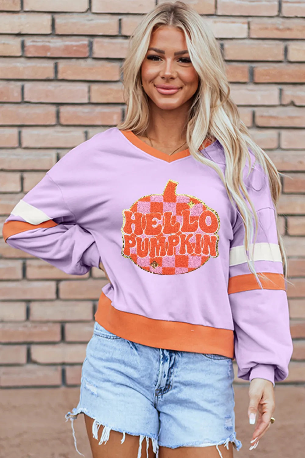 Contrast V-Neck Long Sleeve Sweatshirt - Charming Charlie