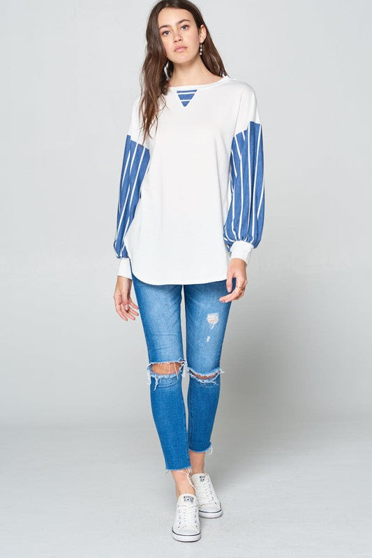 Super Lady Full Size French Terry Striped Long Sleeve Top - Charming Charlie