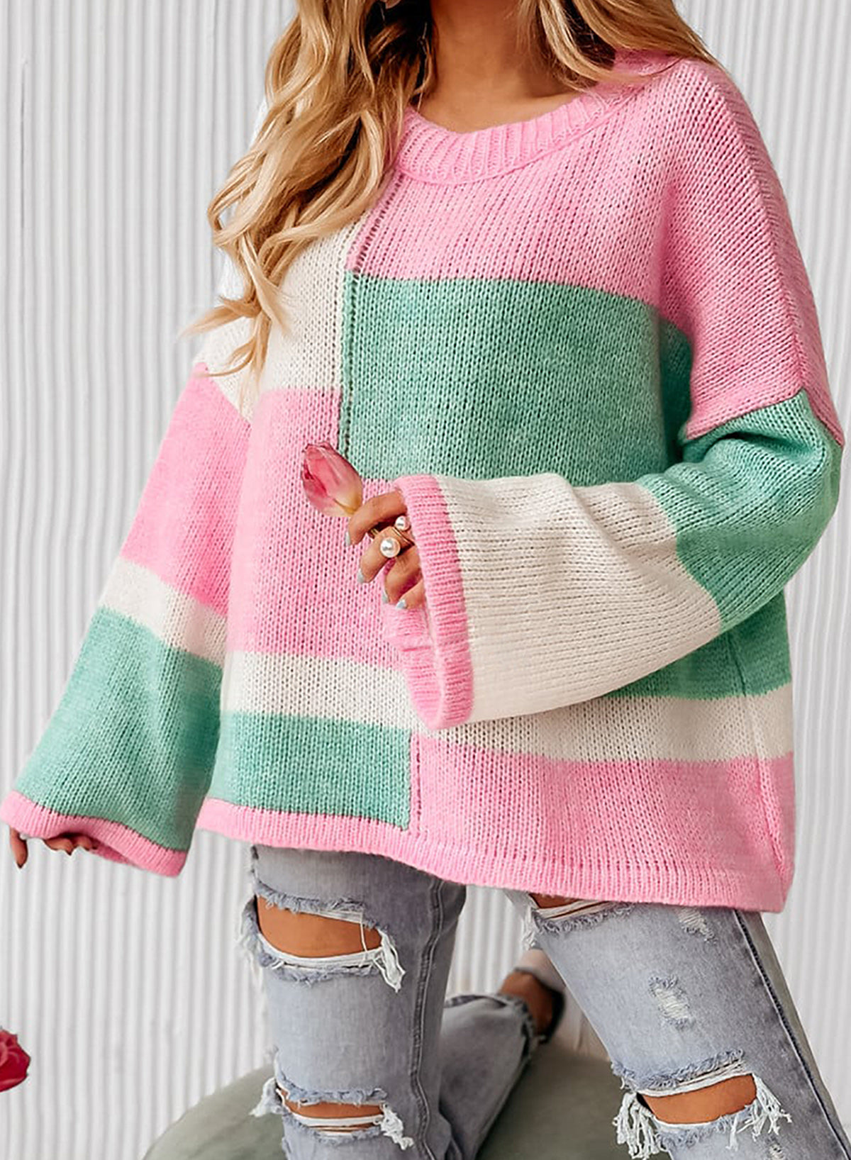 Color Block Round Neck Drop Shoulder Sweater - Charming Charlie