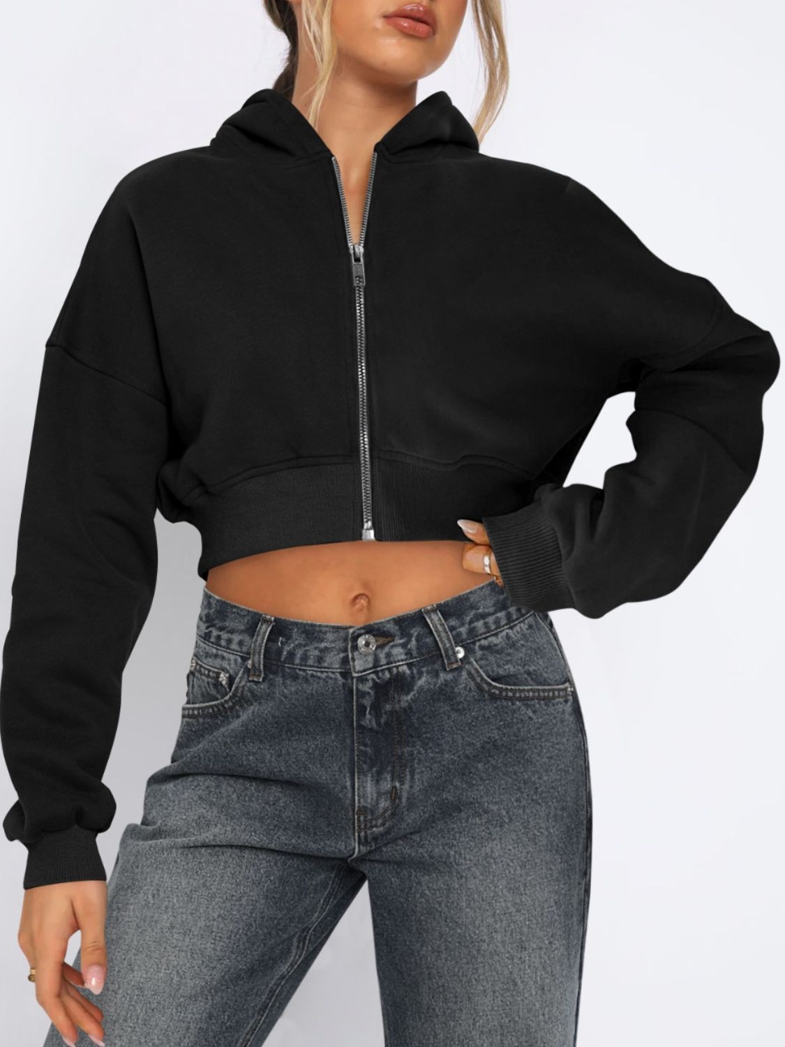 Zip Up Long Sleeve Hooded Cropped Jacket - Charming Charlie
