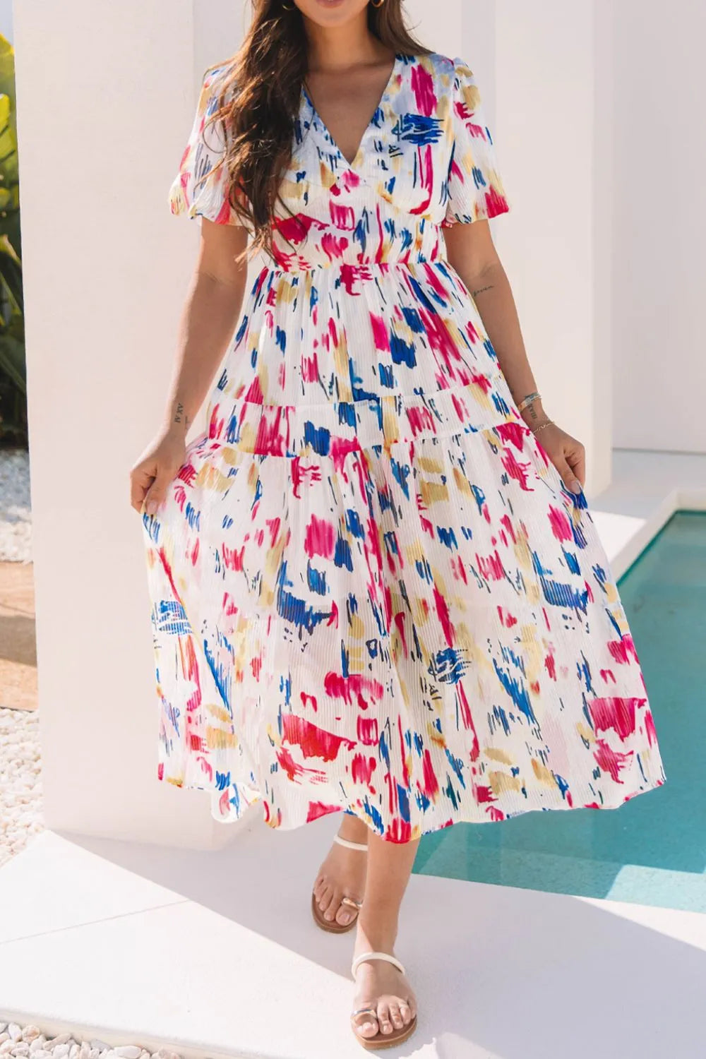 abstract maxi dress with sleeves Wholesale MOQ6 Abstract Print Short Puff Sleeve Tiered Maxi Dress