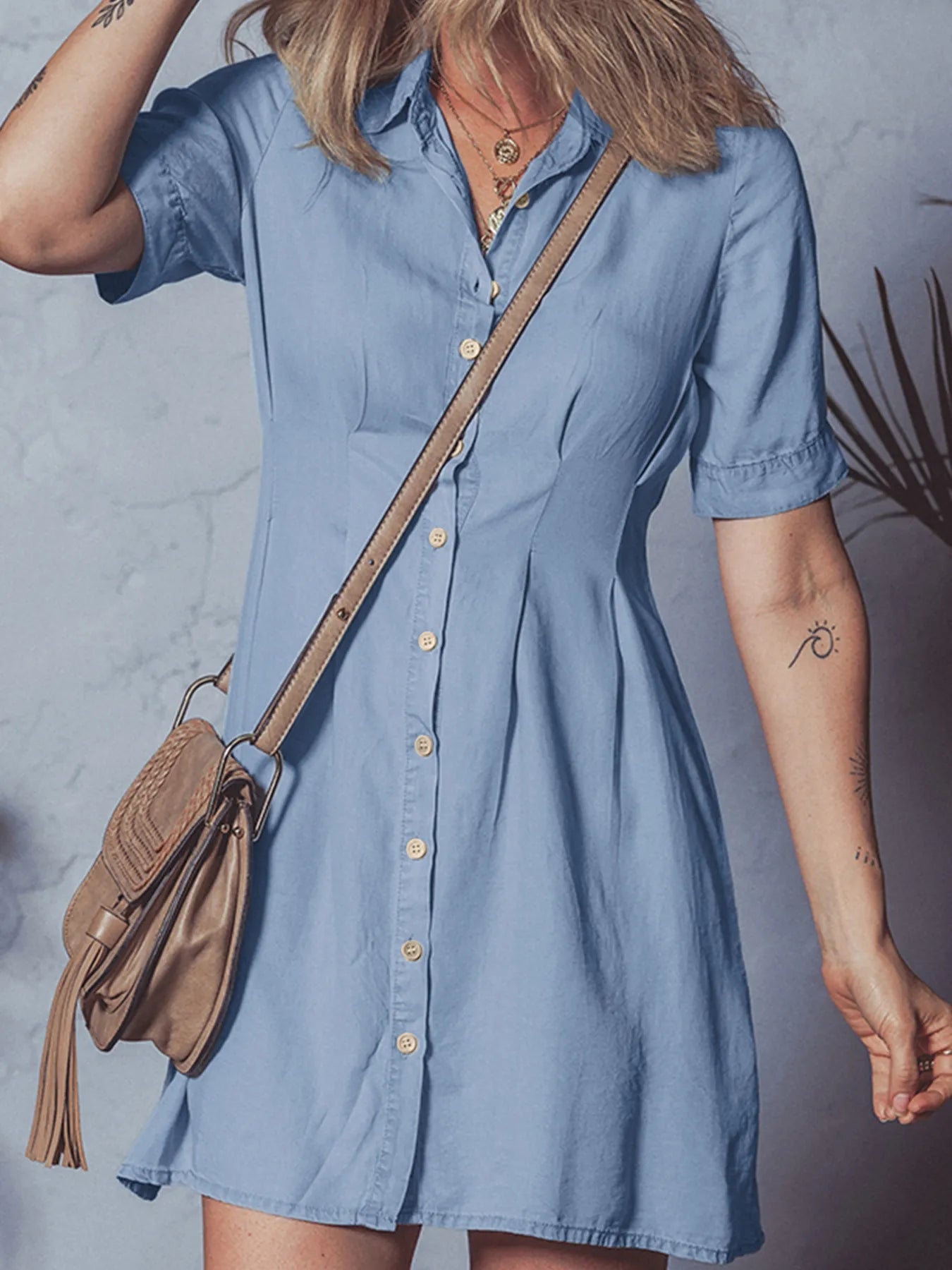 Denim Pleated Slim Waist Short Sleeve Shirt Dress – Charming Charlie