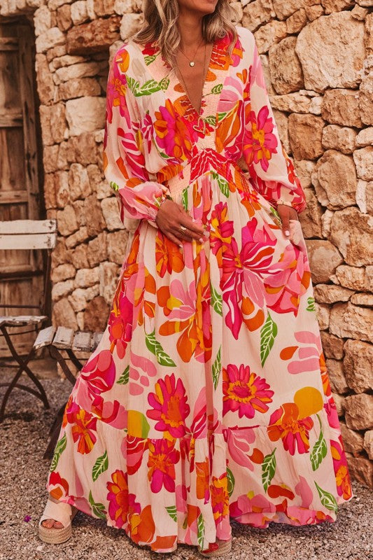 chinese dress ladies Floral Print Smocked Waist V Neck Puff Sleeve Tiered Maxi Dress