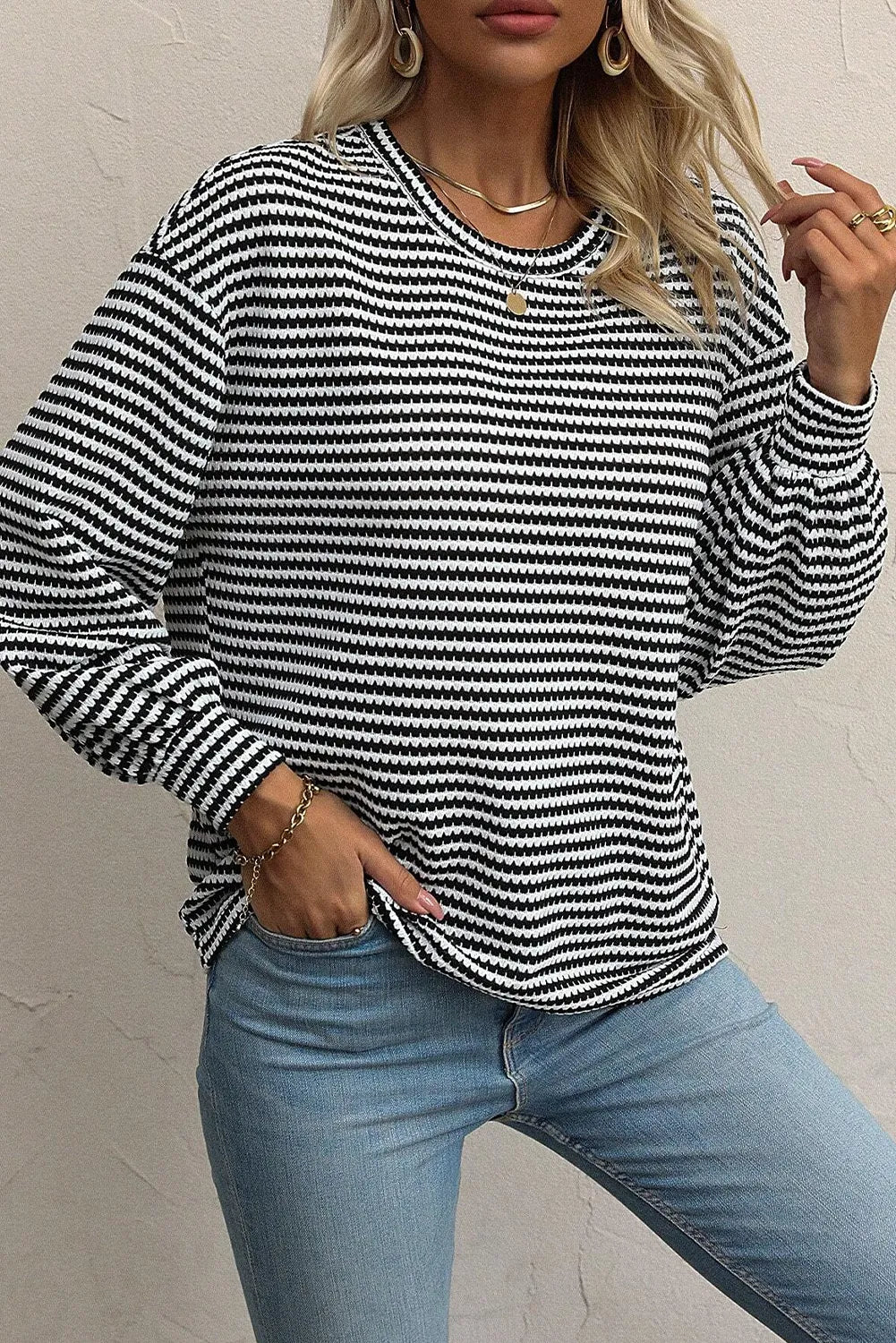 Striped Round Neck Long Sleeve Top - Charming Charlie