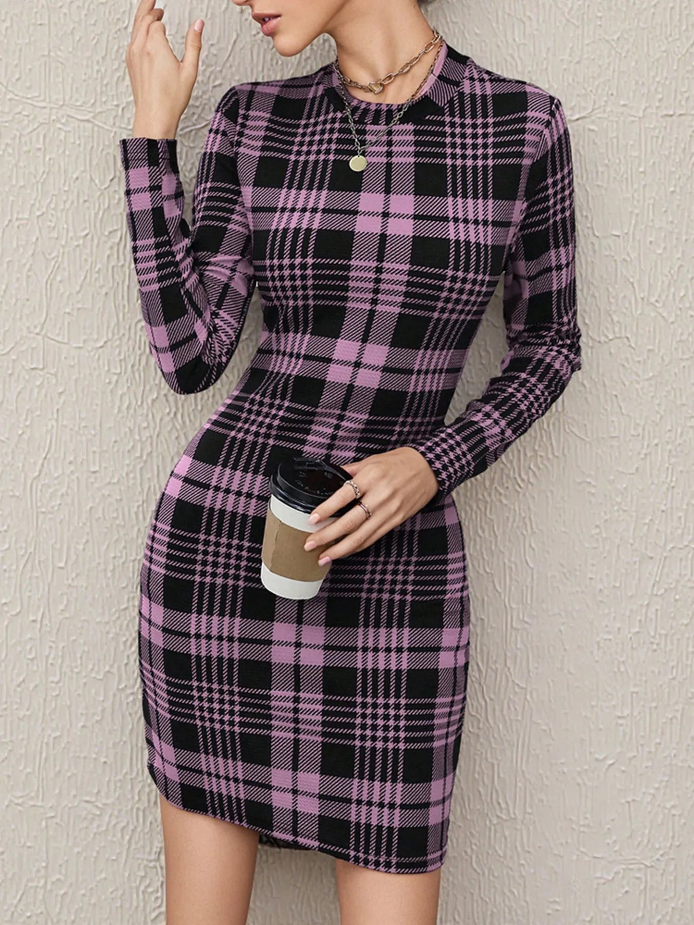 Long Sleeve Plaid Bodycon Mini Dress Caramel / L