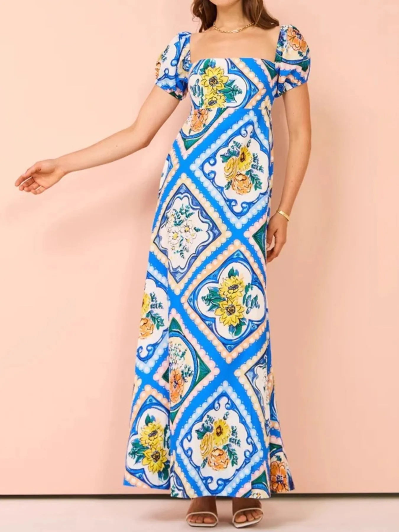 Printed Square Neck Puff Sleeve Maxi Dress  Charming Charlie