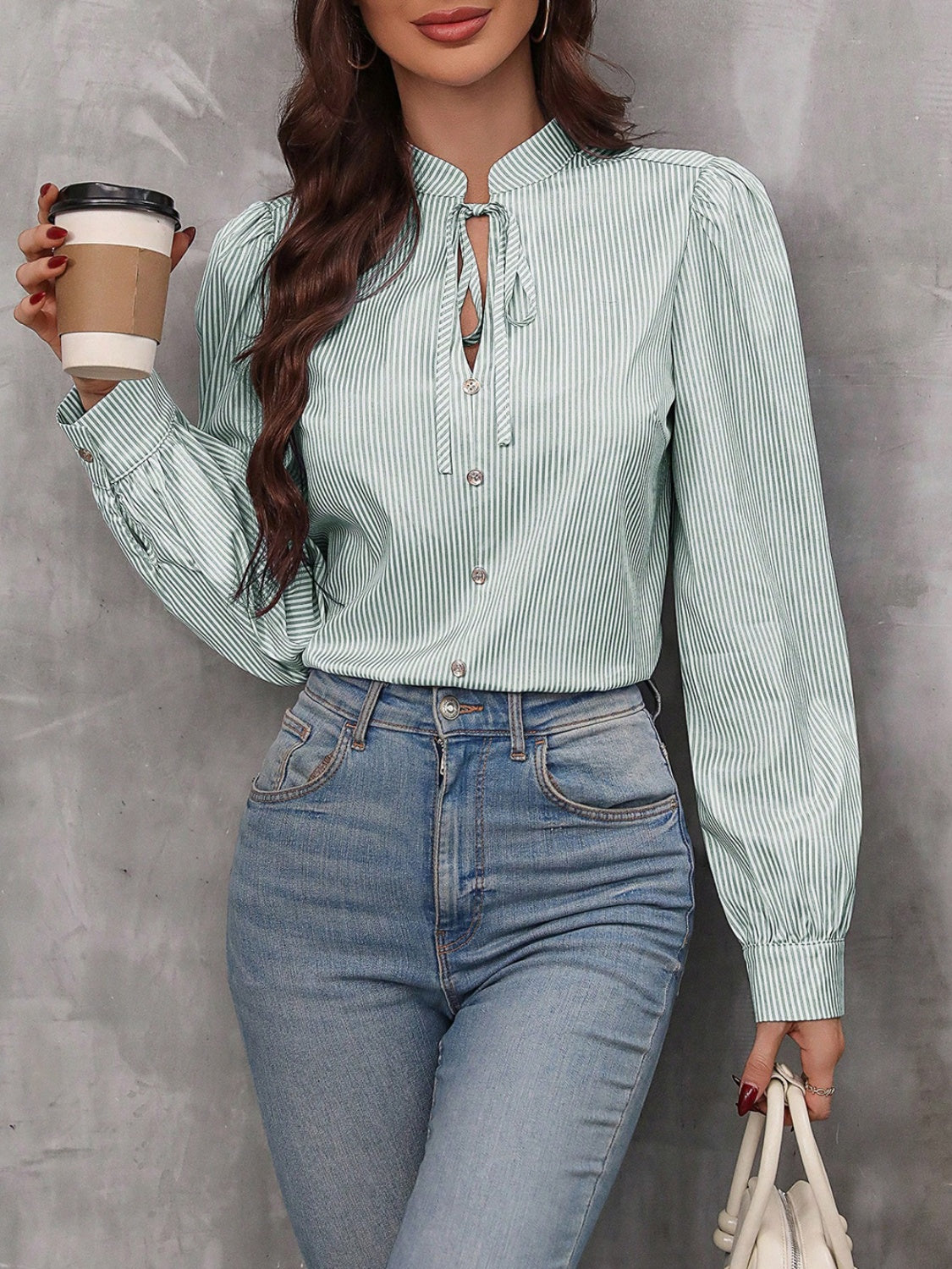 Striped Tie Neck Long Sleeve Blouse - Charming Charlie