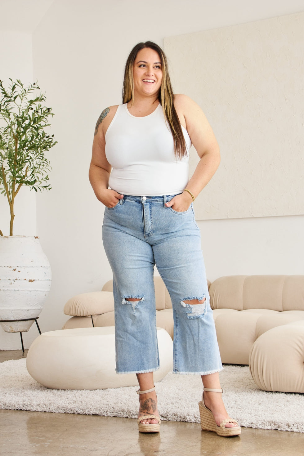 RFM Crop Chloe Full Size Tummy Control High Waist Raw Hem Jeans
