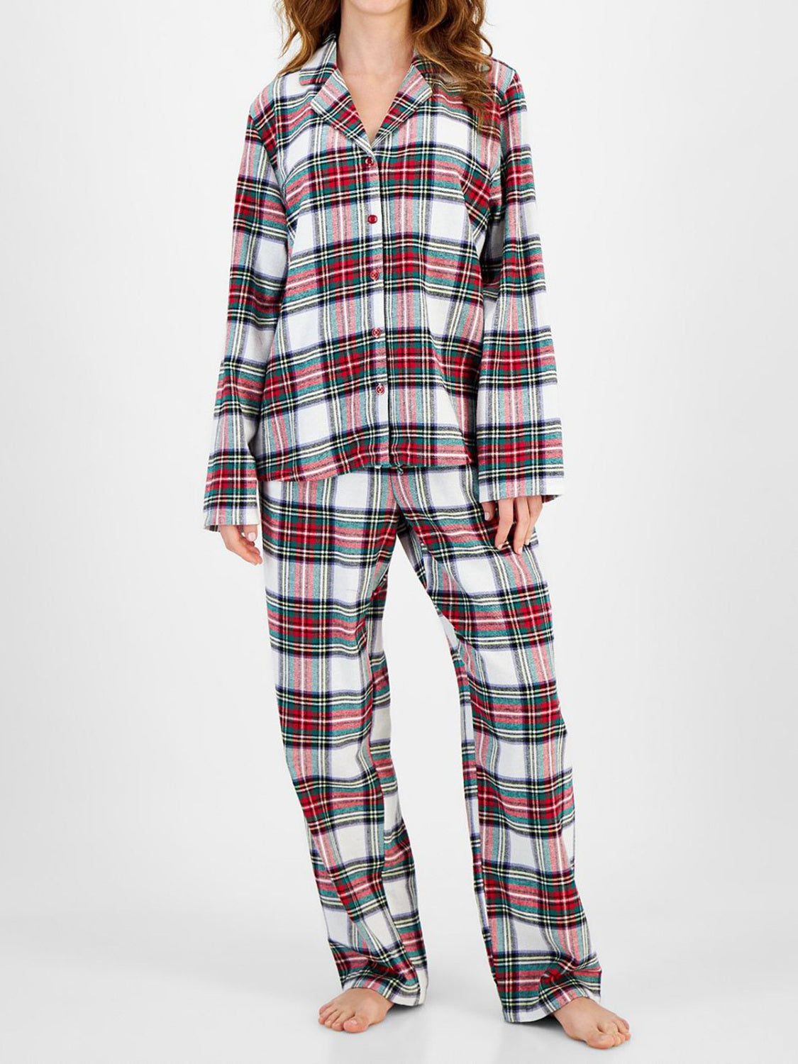 Plaid Collared Neck Button Up Top and Pants Lounge Set - Charming Charlie