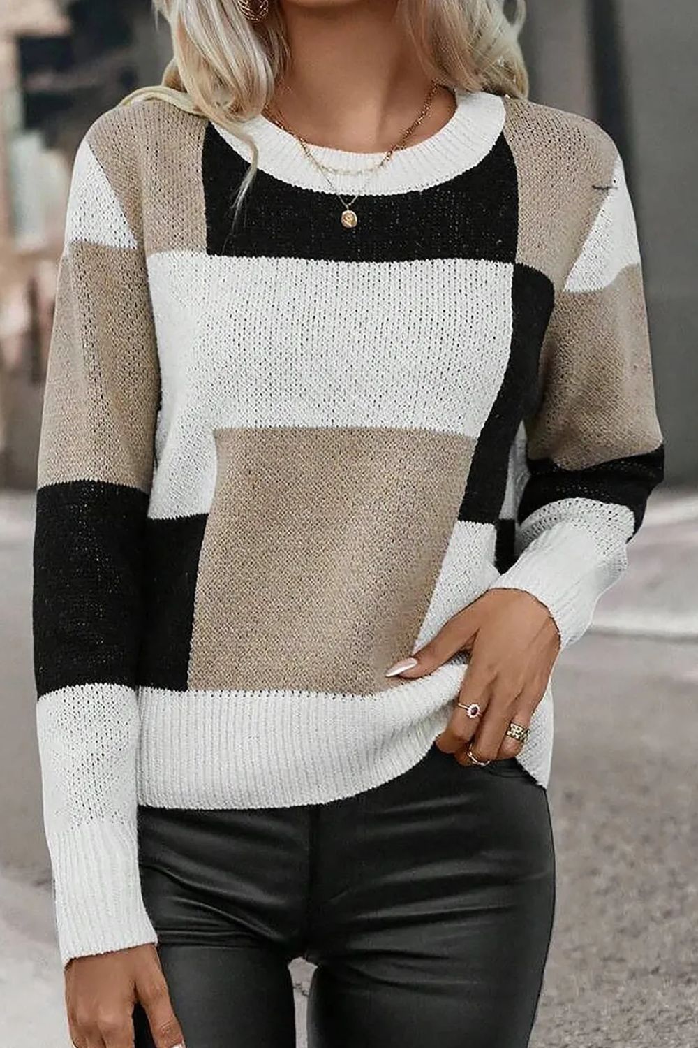 Color Block Round Neck Long Sleeve Sweater - Charming Charlie