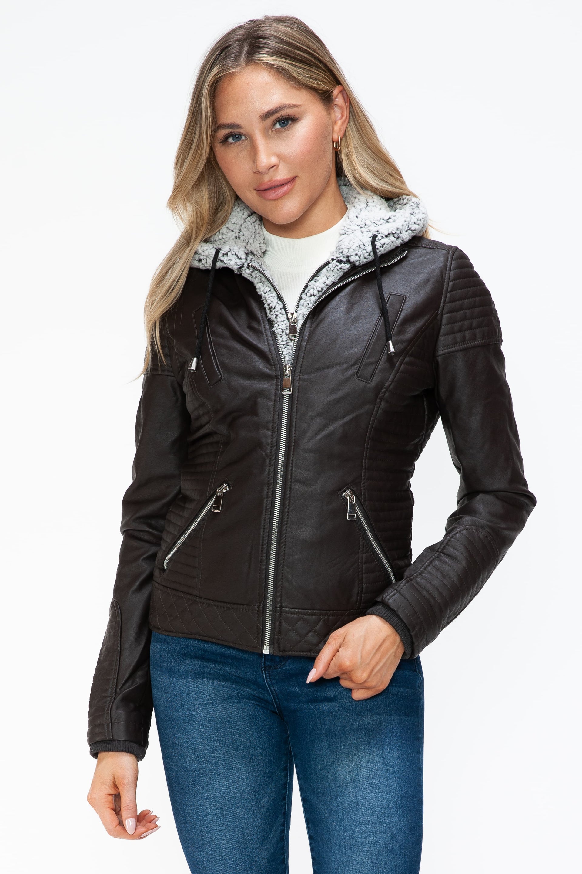 YMI Faux Layered Double-Zipper Jacket with Fuzzy Hood – Charming