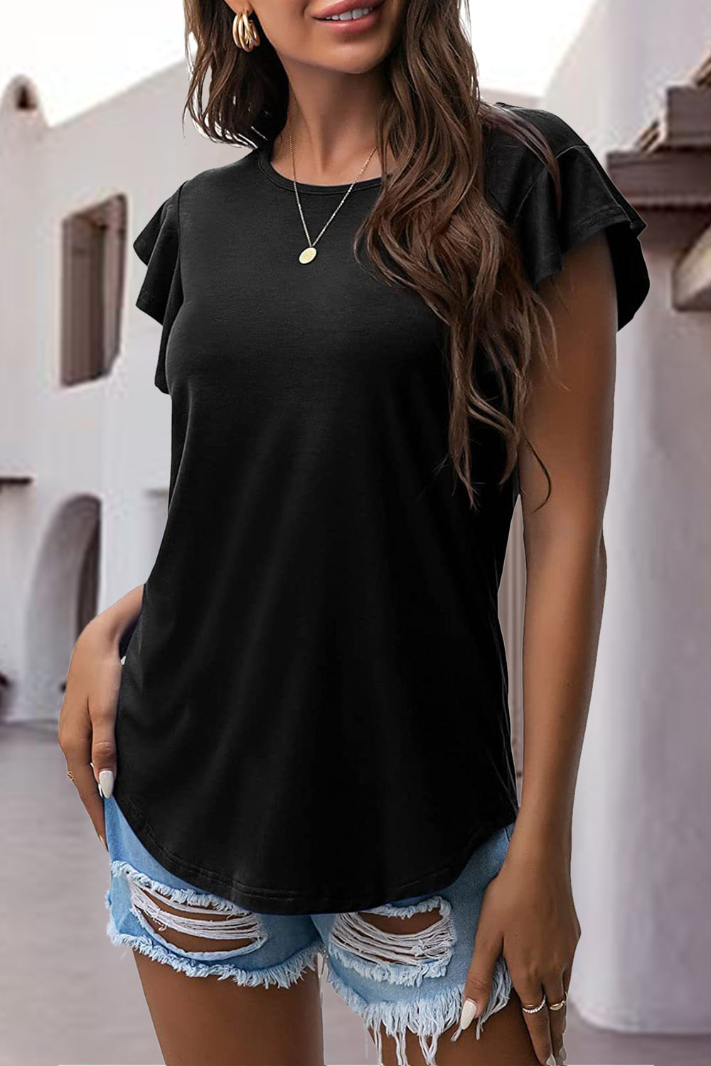 Ruffled Round Neck Cap Sleeve Blouse - Charming Charlie