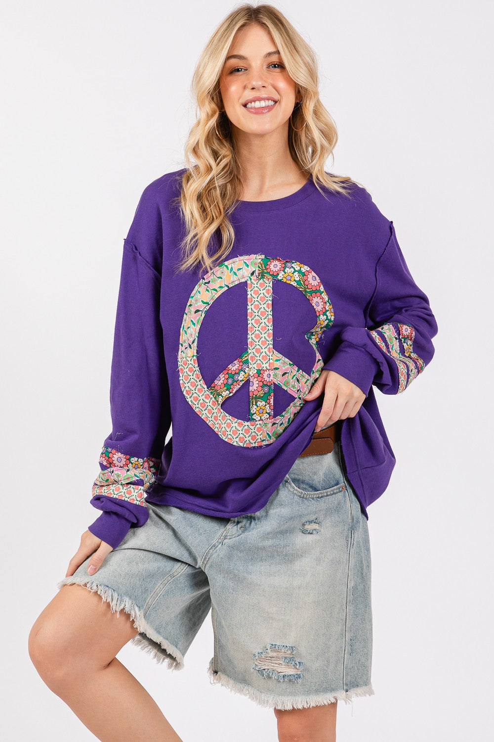 SAGE+FIG Peace Applique Patch Long Sleeve Top - Charming Charlie