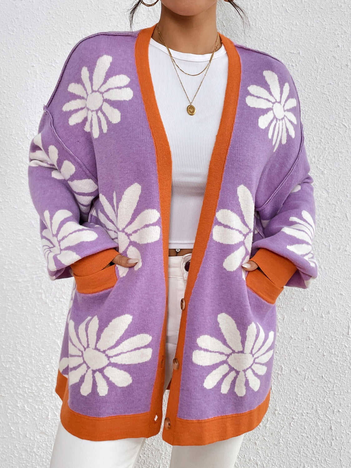 Contrast Dropped Shoulder Long Sleeve Cardigan - Charming Charlie