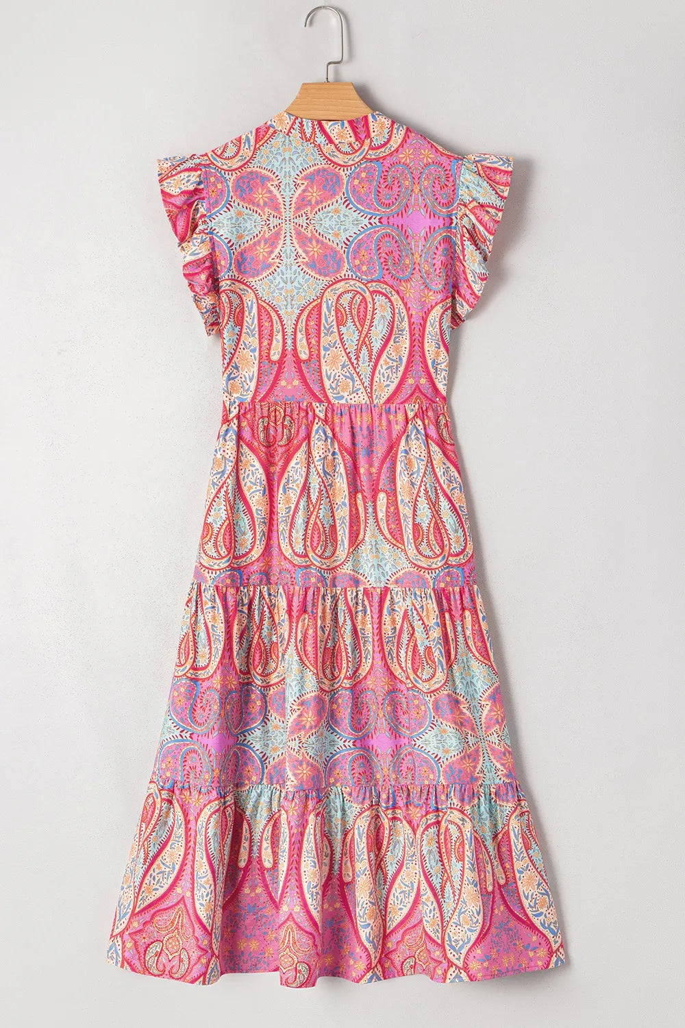 Tribal Paisley Print Ruffled Sleeve Notch Neck Midi Dress Dusty Pink / XL Tribal Paisley Print Ruffled Sleeve Notch Neck Midi Dress Dusty Pink / XL