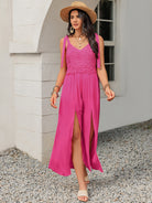 V-Neck Wide Strap Slit Jumpsuit - Charming Charlie